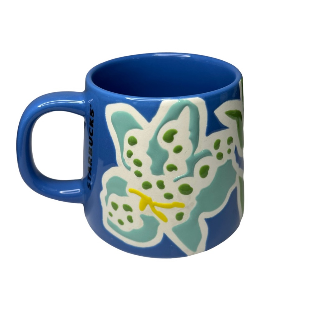 Starbucks Summer 2021 Flower Floral Blue Ceramic Coffee Cup Mug 12 oz Iris Lily